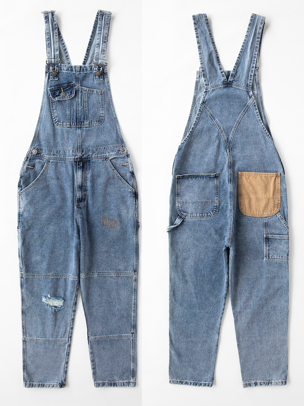 Mountain-Style Denim Men's Overalls, Loose Trendy Straight-Leg Plus-Size Ripped Jumpsuit for Spring and Autumn, Unisex
