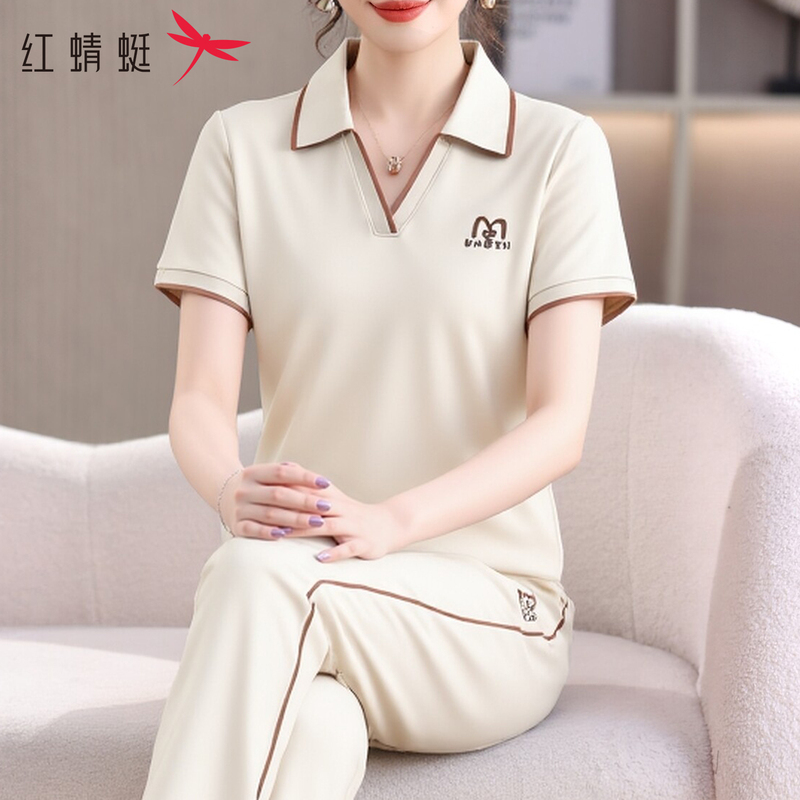 Red Dragonfly Ice Silk Short Sleeve Sports Suit for Women 2026 New Summer Mom's Wear Casual Slimming Lapel Two-Piece Set