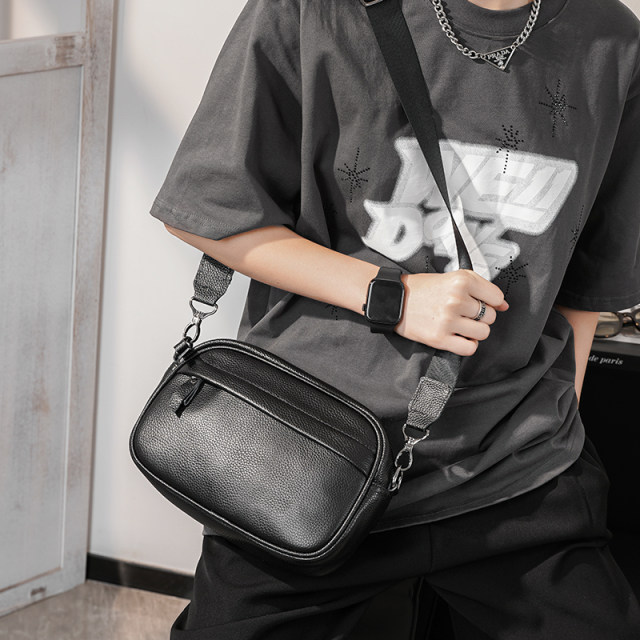 2024 New Cowhide Youth Shoulder Bag Men's Fashion Korean Style Men's Bag Crossbody Bag Trendy Solid Color Small Square Bag