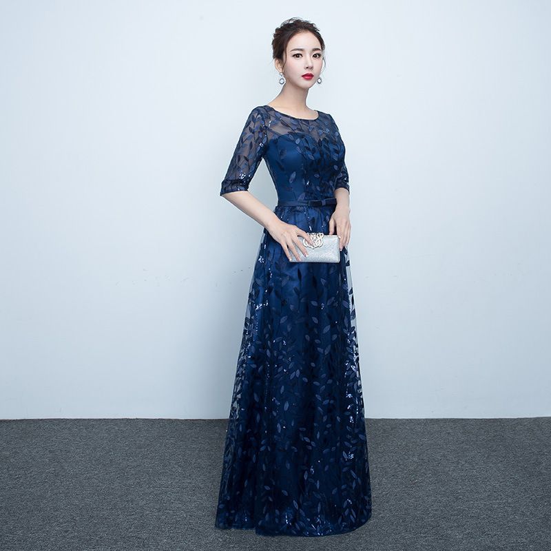 2019 New Evening dress dài cưới tay ren ăn mặc Trim tiệc chủ ăn mặc cô gái