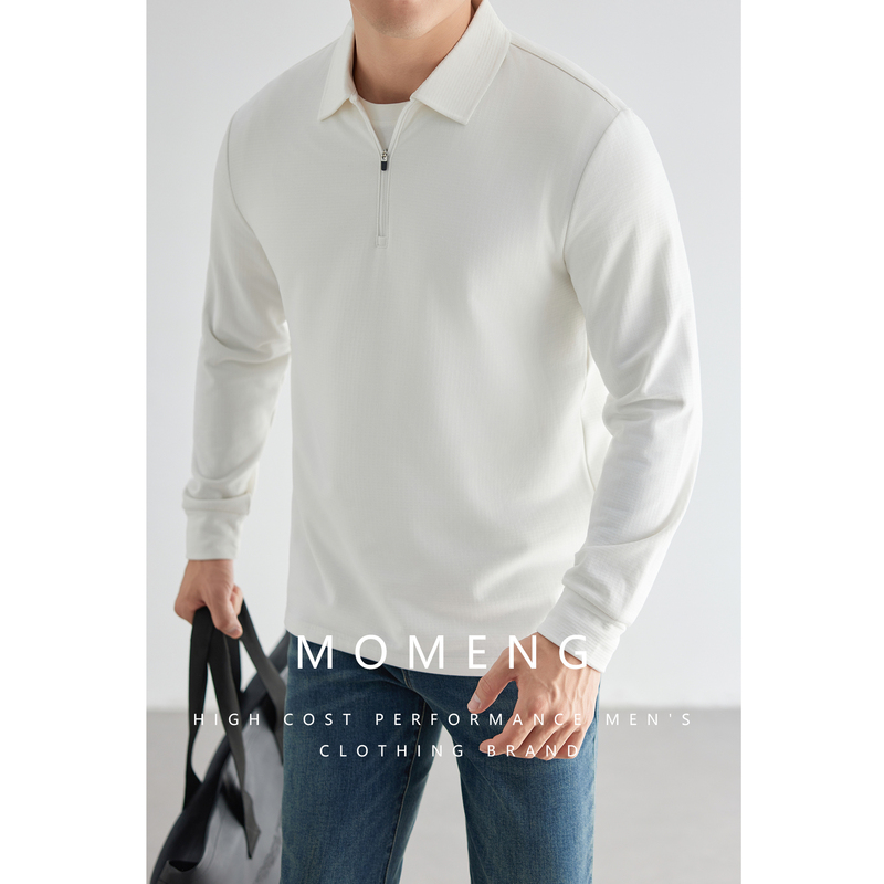 [Traveler Series] Momeng Polo Shirt Men's Autumn and Winter Long-Sleeved T-Shirt with Fleece Lining, Thickened for Warmth, Ykk Zipper