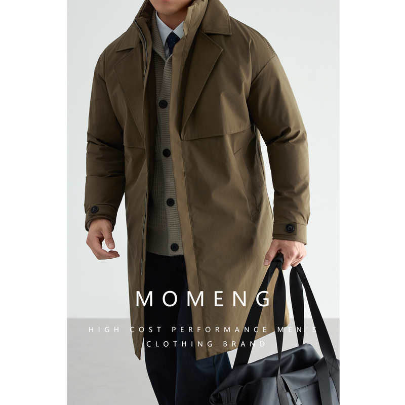 Momeng｜Parka Style｜Mid-Length White Duck down Jacket for Men, Three-Proof, Thickened, Warm, Trench Coat Style Jacket