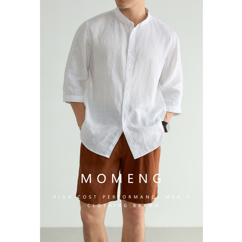 【Italian Linen】Momeng Summer Business Casual Stand Collar 100% Linen Shirt Men's Three-Quarter Sleeve Shirt