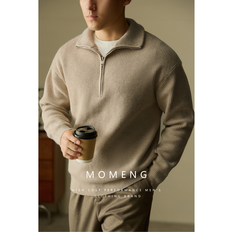 Momeng Anti-Pilling! Half-Zip Knit Sweater for Men, Pullover, American Retro Style, Autumn and Winter Casual Business Wear, Warm