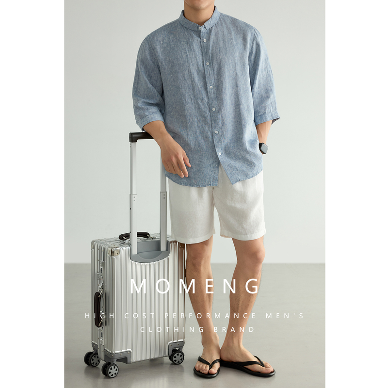 【Italian 100% Linen】Momeng Rain Dew Breathable Three-Quarter Sleeve Shirt Casual Thin Shirt for Men Spring and Summer