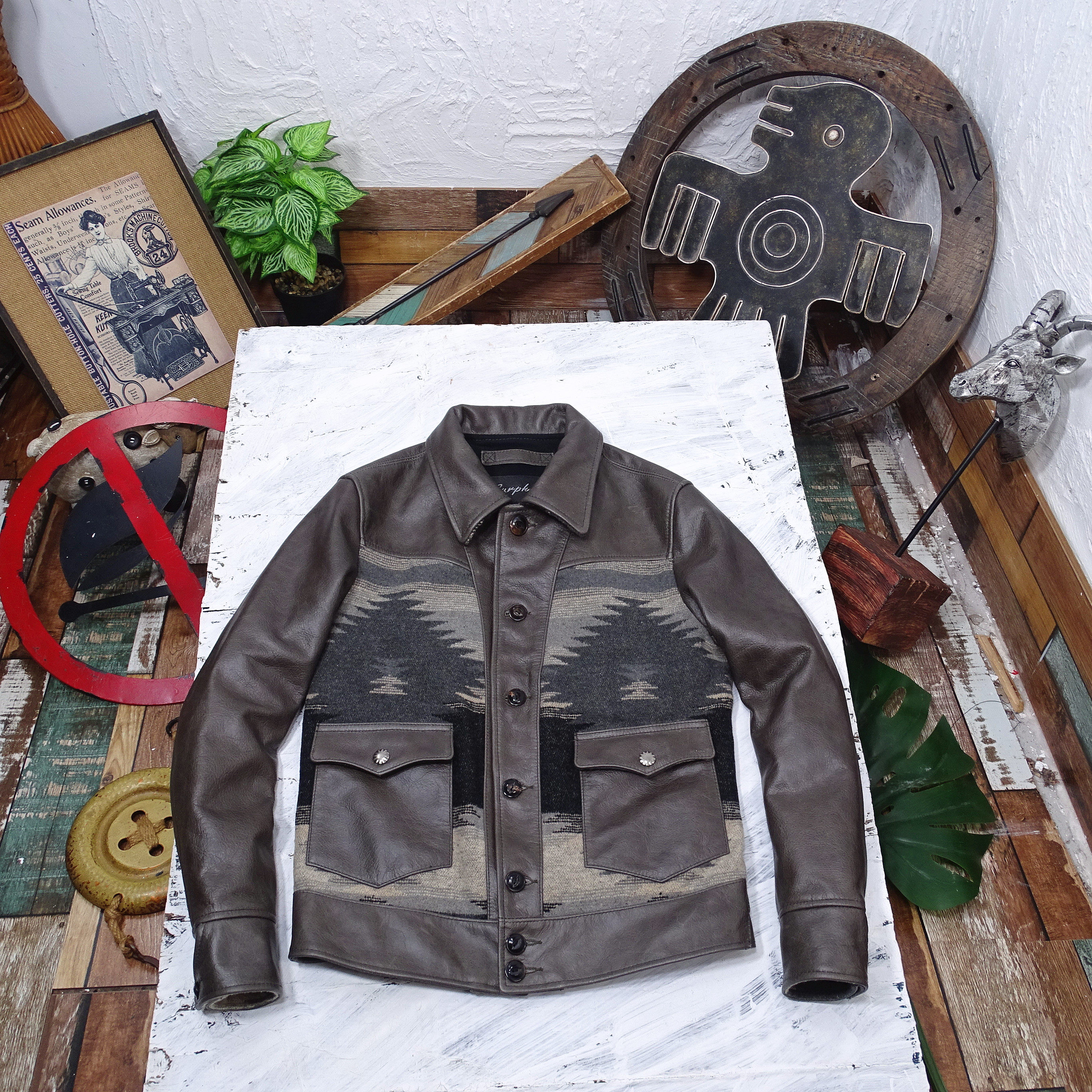 (time-limited 3 discount) Morandi grey green imported wax-dyed cow leather Navajo blanket American retro genuine leather clothes