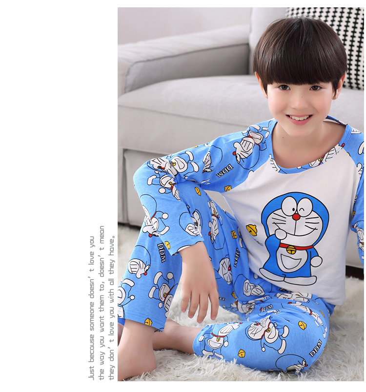 Mùa xuân và mùa thu Mùa hè Chàng trai Big Boy Pyjama Jingle Cat Cartoon Cotton Trường tiểu học Đàn ông dài tay Cotton Bộ dịch vụ nhà pijama nữ