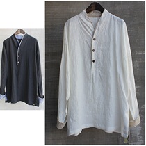 I will accompany you Chinese style mens long sleeve shirt Chinese buckle improved Tang dress large size shirt loose black