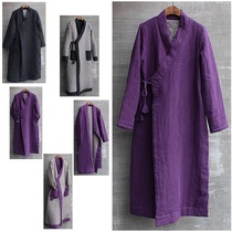 Womens autumn and winter Chinese style cotton linen dress two wear cotton padded jacket coat windbreaker retro literary loose Hanfu