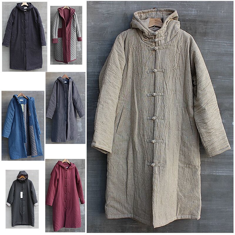 Chinese style men's cotton coat thickened hooded winter medium and long version of cotton clothing Linen quilted jacket Chinese plate buckle large size cotton robe