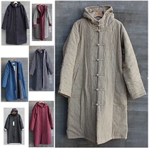  Chinese style mens cotton coat thickened hooded winter mid-length cotton clothing Linen quilted jacket Chinese plate buckle large size cotton robe