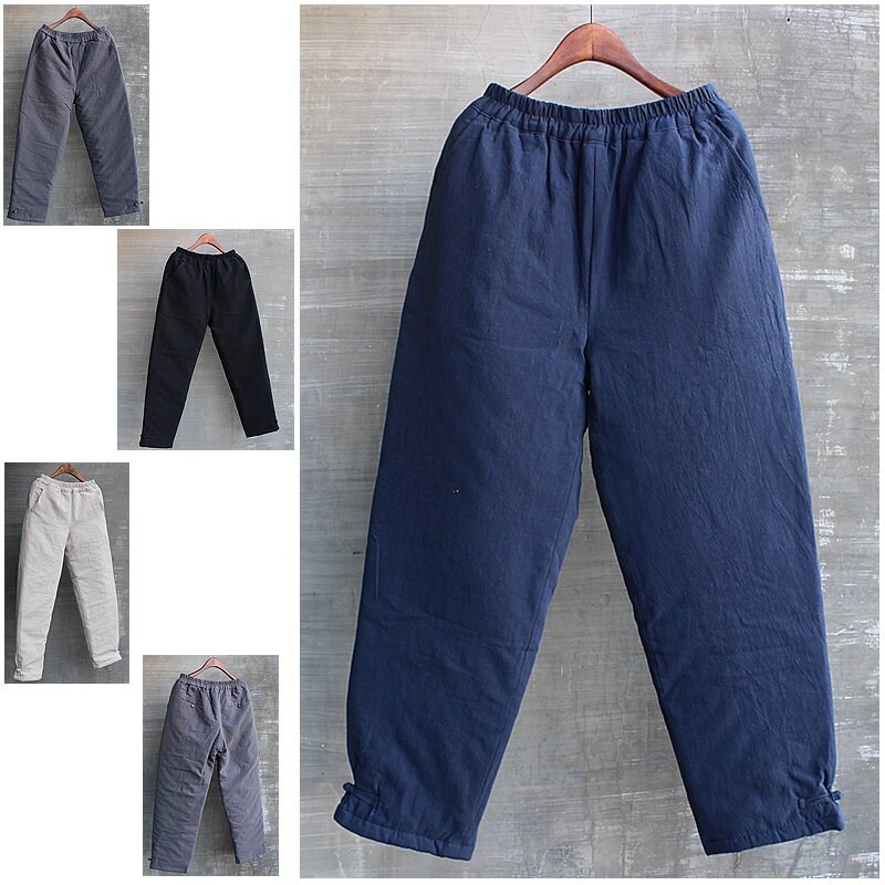 Men's casual cotton pants loose winter padded thickened outer wear large size Chinese style men's linen pants warm black