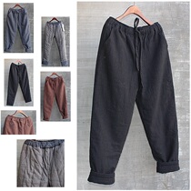 Mens casual cotton pants loose winter cotton thickened wear large size Chinese mens linen pants warm black