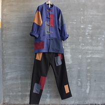 Male spring and summer patch hundred clothes long sleeve shirt jacket jacket trousers two-piece Large size China wind Net Red personality