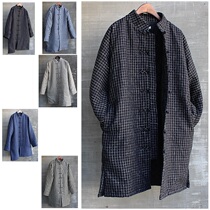  Mens winter stand-up collar linen plate buckle Chinese style mid-length quilted jacket cotton robe Tang suit Hanfu retro cotton flower elegance