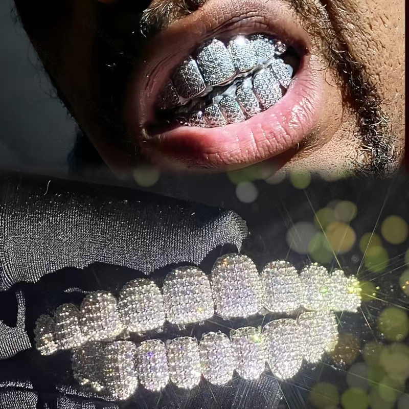 European and American Hip-Hop Dental Jewelry Accessories, Real Gold Electroplated 18K Dental Jewelry, Rap Party 10-Tooth Diamond-Encrusted Zircon Dental Jewelry