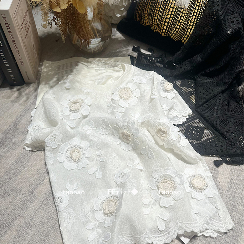 Ffmizz ◆ Chanel-Style Exquisite Three-Dimensional Floral Lace Short-Sleeve T-Shirt for Women, Summer High-End Embroidered Shirt Top