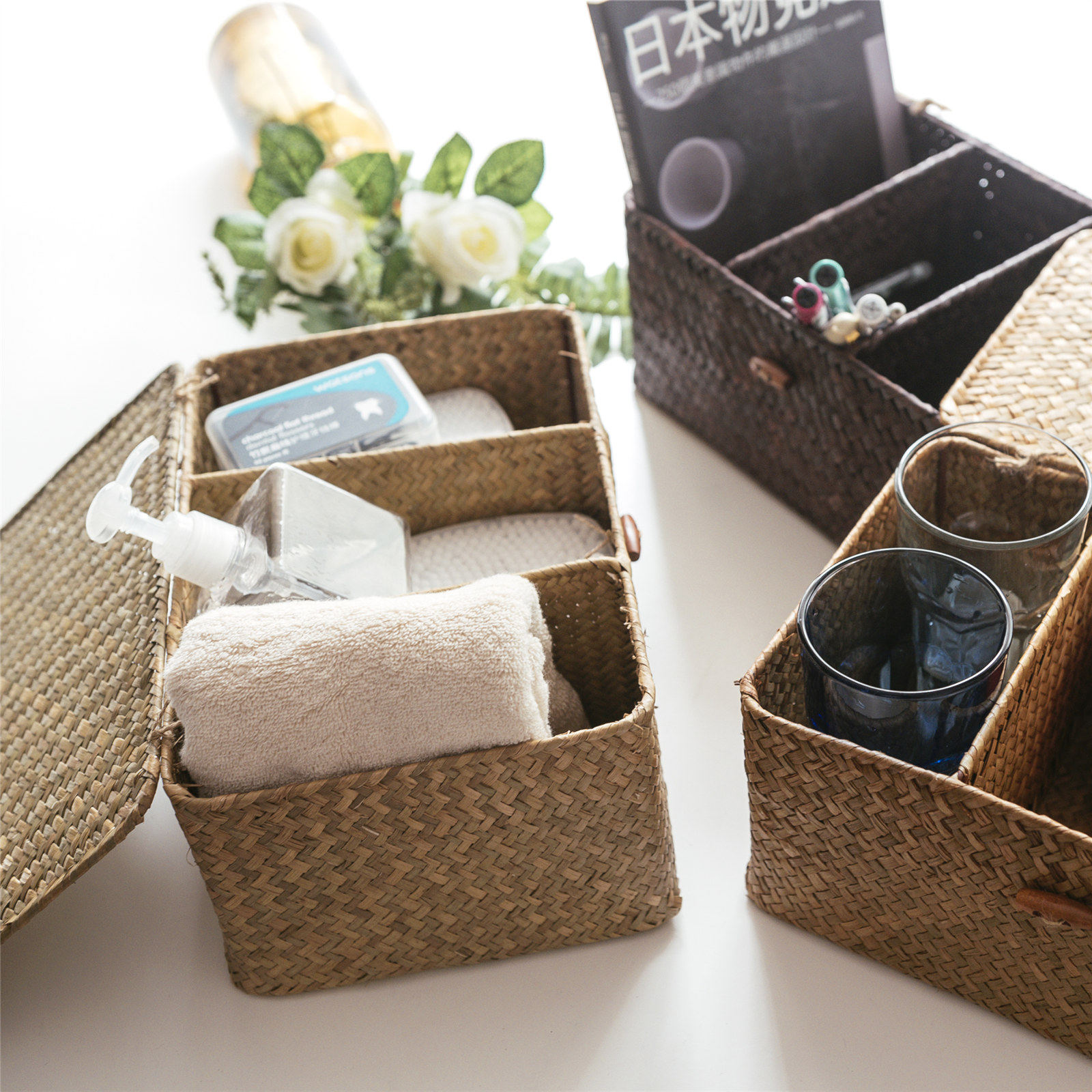 Ruosu Life Home Straw Desktop Office Sundries Storage Basket Box Remote Control Snacks Cosmetics Storage Basket