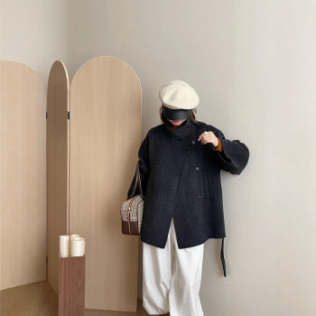 New korean style retro temperament gentle stand-up collar diagonal button design loose fur coat coat for women double-sided cashmere