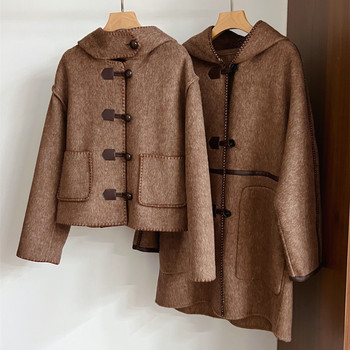 Wool alpaca shell embroidered hooded woolen coat