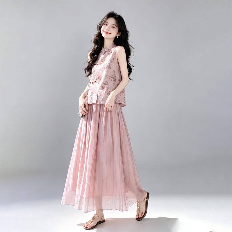Pink New Chinese-Style National Fashion Suit for Women, Summer 2026 New Model, Unique and Beautiful Embroidered Vest and Skirt Two-Piece Set