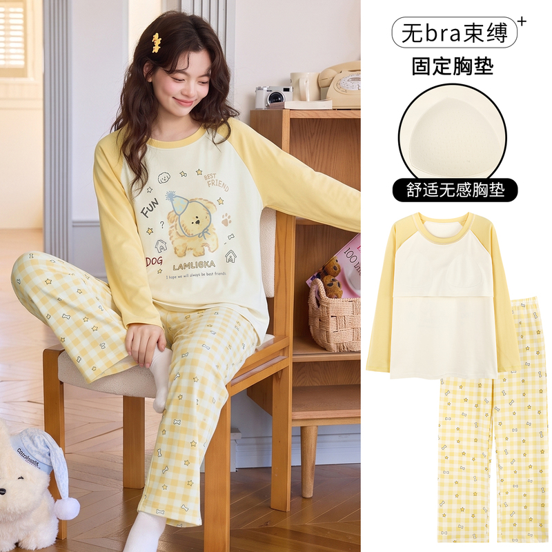 2026 New Style Pajamas with Built-In Bra Pads for Women, Autumn and Winter Long-Sleeved Cute Cartoon Large Size Can Be Worn Outside Home Clothes Set 2026 New Style Pajamas with Built-In Bra Pads for Women, Autumn and Winter Long-Sleeved Cute Cartoon Large Size Can Be Worn Outside Home Clothes Set