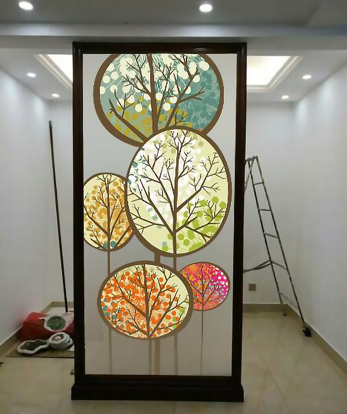 Set made of steel Artistic Glass Xuan Guan Partition Screen Makeup Room Dry Wet Partition No Frame Light Transmission Happiness Tree