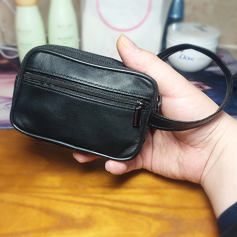 Mini soft leather solid color all-match sheepskin wrist bag casual leather zipper coin purse hand bag men and women