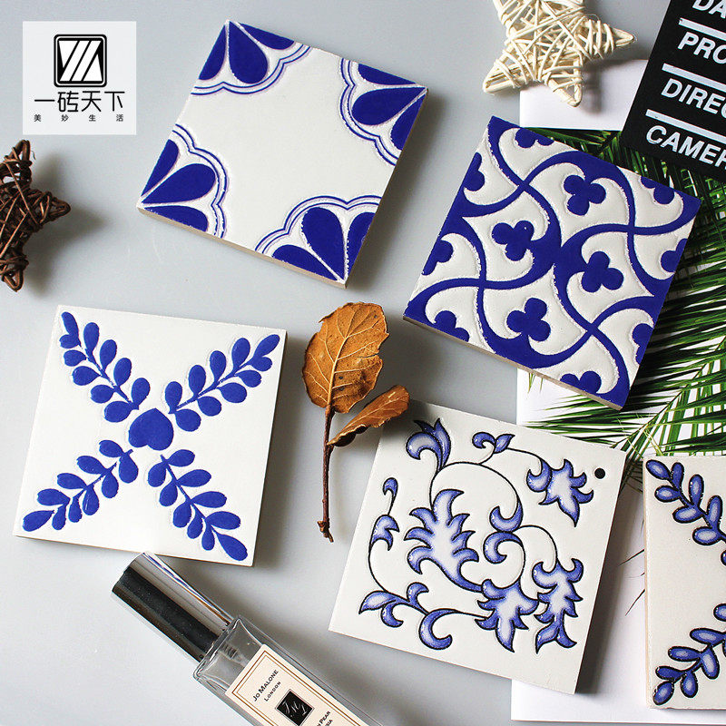 Blue and white porcelain small flower brick 100*100 flower piece powder room living room TV waistline background wall brick skirting board tile