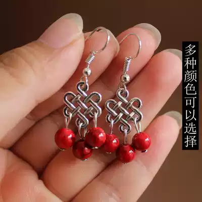 Factory direct Yunnan ethnic wind ear jewelry retro alloy Chinese knot earrings agate color stone small earrings female