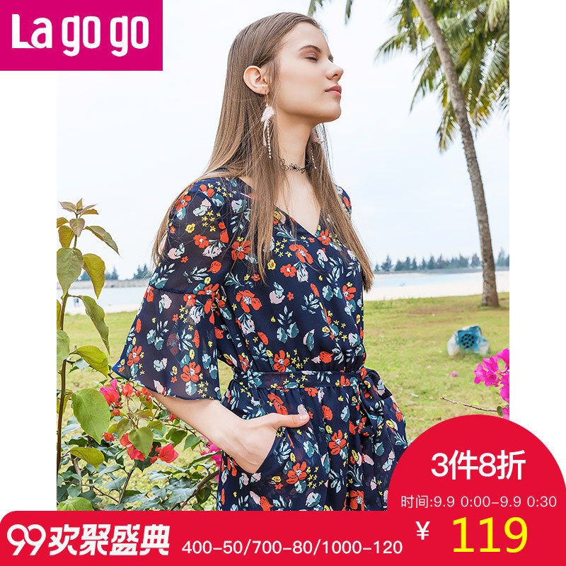 ! Lagogo2018 mùa hè mới nữ V-Cổ trumpet tay áo voan áo cao eo quần chân rộng quần short onesies