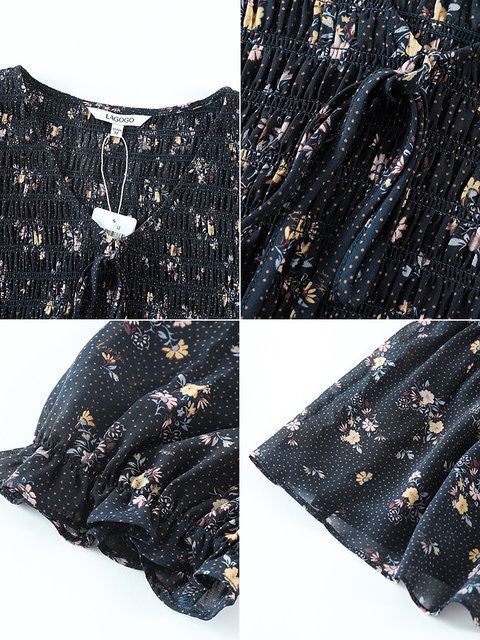 Lagogo French-Style Polka Dot Floral Dress for Women, Summer New Elegant V-Neck Chiffon A-Line Midi Dress