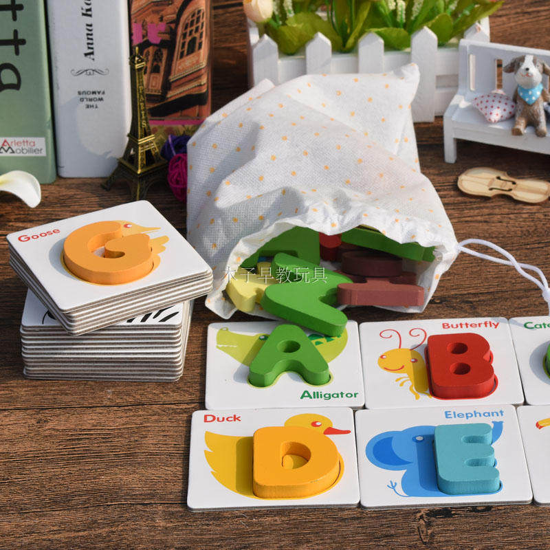 Early childhood education recognition picture alphanumeric card animal cognition puzzle 123-year-old children wooden toy