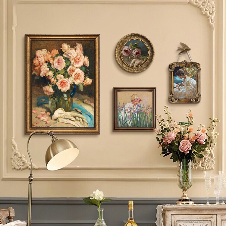 French Retro Hanging Paintings, Restaurant Decorative Paintings, American-Style Living Room Sofa Background Wall, Niche Art Bedroom Combination Murals