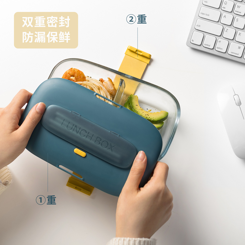 Office worker glass lunch box with microwave oven heating special refreshing separated type of lunch student with cover round dining bowl-Taobao