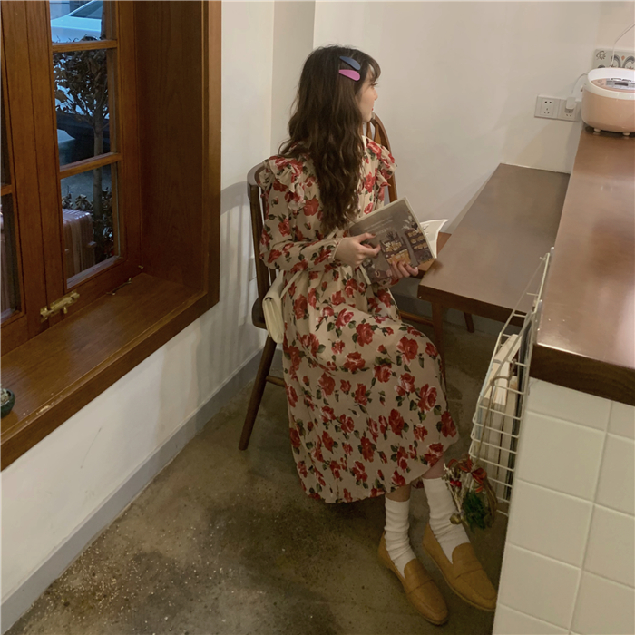 VK旗艦店 韓國風碎花木耳邊長裙長袖洋裝