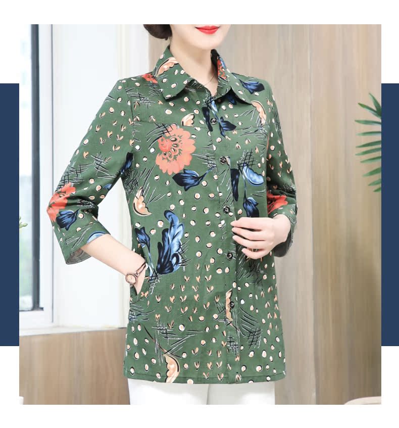 Thời trang trung niên và phụ nữ in áo dài tay nước ngoài áo khoác mỏng cho mẹ mùa xuân và mùa thu cộng với áo sơ mi XL - Quần áo của mẹ áo đầm trung niên