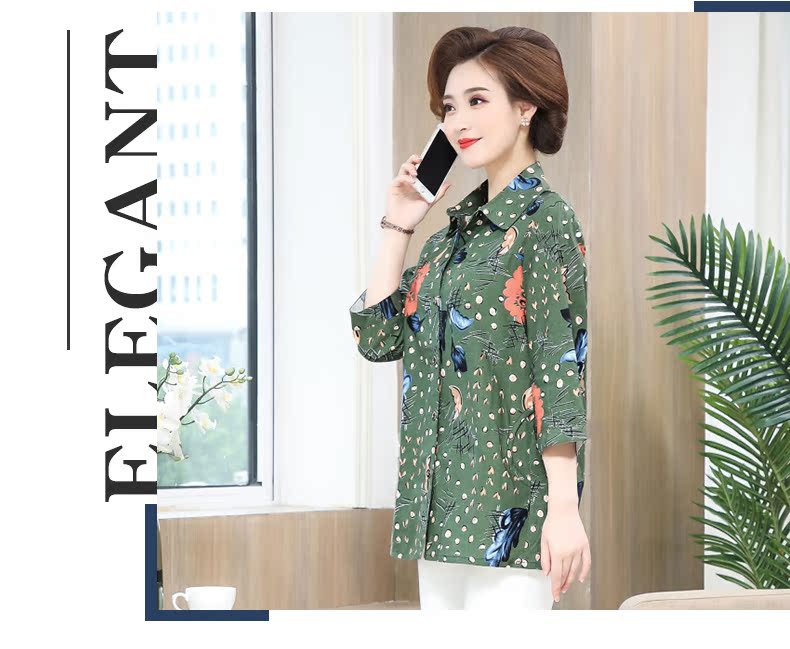 Thời trang trung niên và phụ nữ in áo dài tay nước ngoài áo khoác mỏng cho mẹ mùa xuân và mùa thu cộng với áo sơ mi XL - Quần áo của mẹ áo đầm trung niên