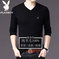 Áo thun dài tay Playboy Nam trung cổ áo len nguyên chất V-cổ Thu đông áo sơ mi đen