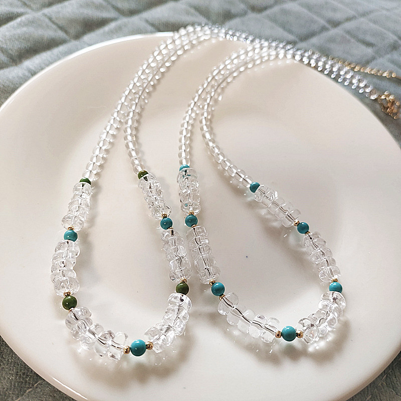 Natural White Crystal Straight-Cut Tablet Necklace for Women, Collarbone Chain, Sweater Chain, Blue-Green Seed Turquoise Choker, Original Design Natural White Crystal Straight-Cut Tablet Necklace for Women, Collarbone Chain, Sweater Chain, Blue-Green Seed Turquoise Choker, Original Design