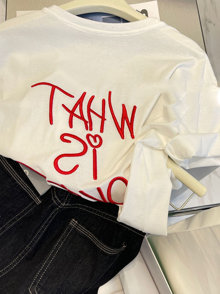 Pick-up special cabinet pull-out ~ American embroidery letters T-shirt small crowddesign sense loose 100 hitch round collar short sleeve blouses woman