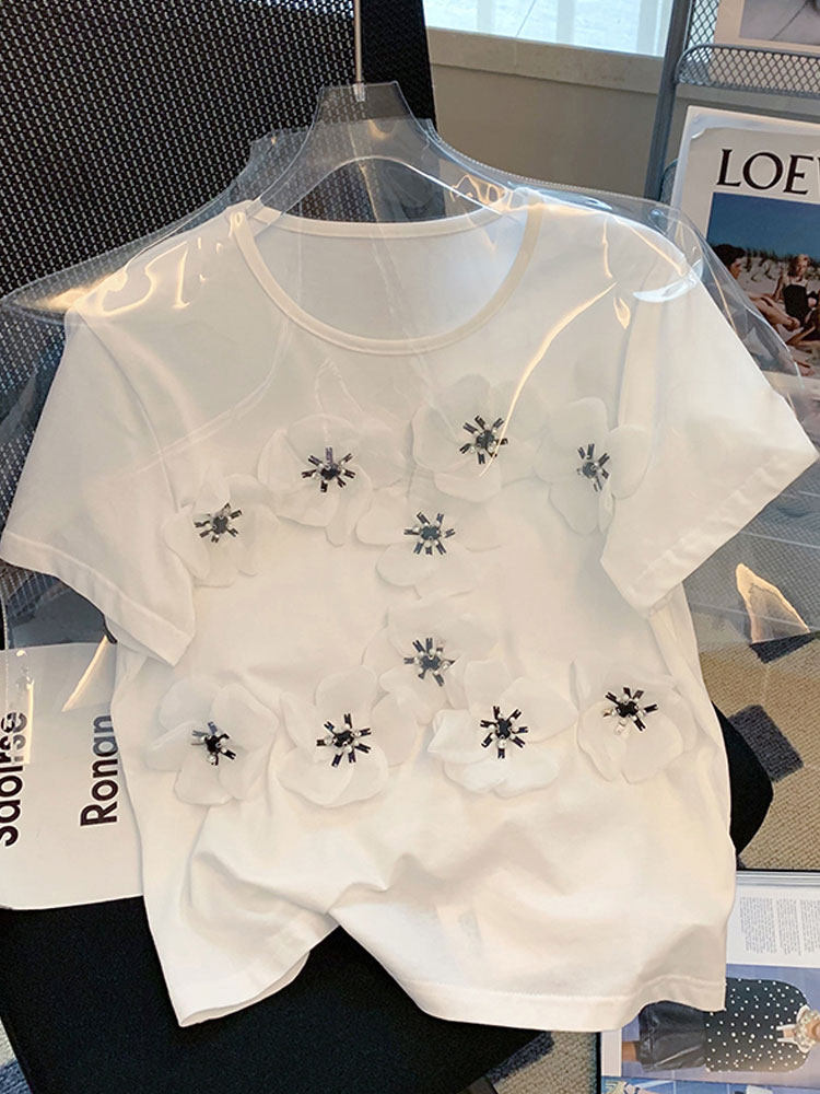 Shivering Supplier ~ 2022 Summer New Loose Round Collar Short Sleeve Blouses Design Sensation Solid Flowers T-Shirt Woman