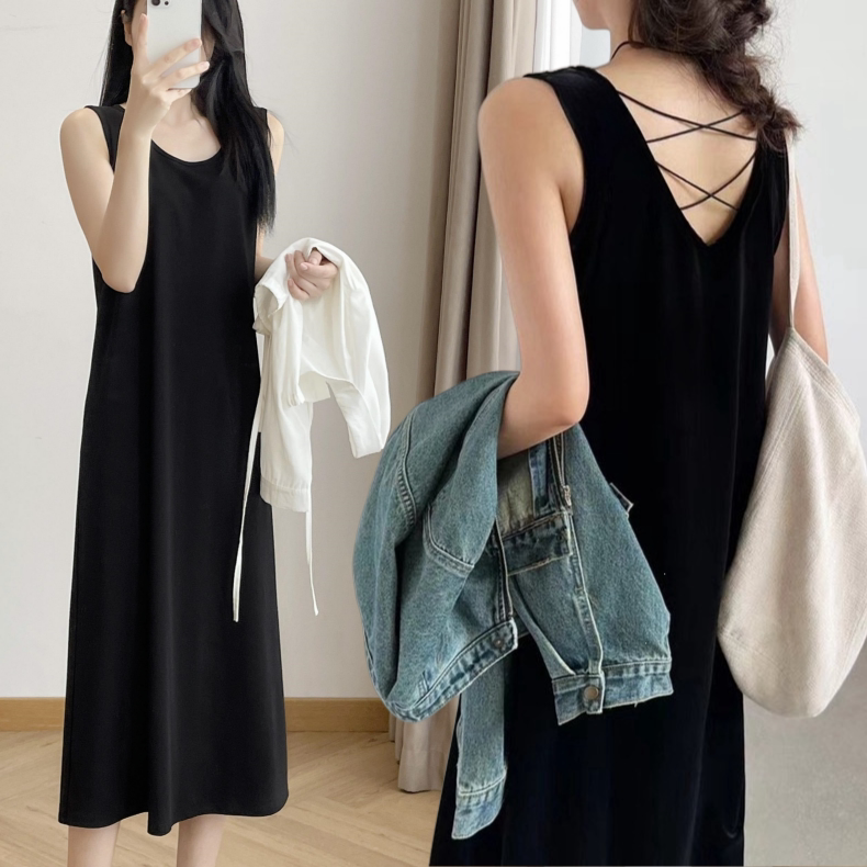 Back Cross Black Loose Tank Dress for Women 2025 Spring and Summer New Fashion Belly-Covering Slimming Mid-Length Skirt