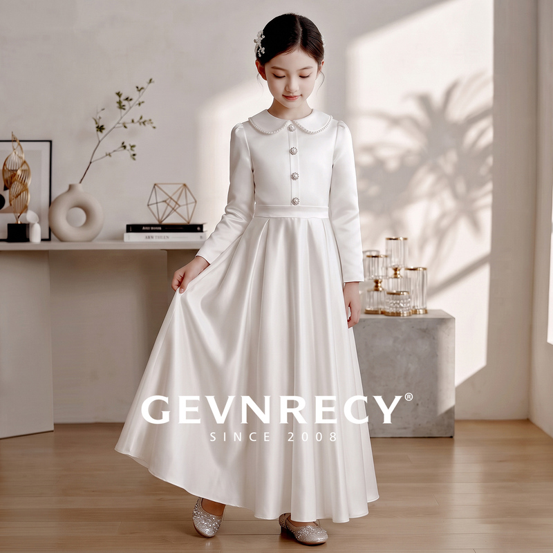 Girls' White Satin Dress Classy Doll Collar Long-Sleeved Birthday Princess Dress Kidsren's Host Piano Performance Dress