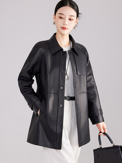 Spring and Autumn New Haining Genuine Leather Jacket for Women, Mid-Length Trench Coat with Raglan Sleeves, Sheepskin Slimming and Elegant Top Coat