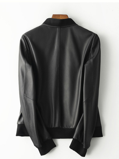 Genuine leather jacket for women, short baseball jacket, high-end first layer sheepskin small jacket, casual versatile round neck slim jacket