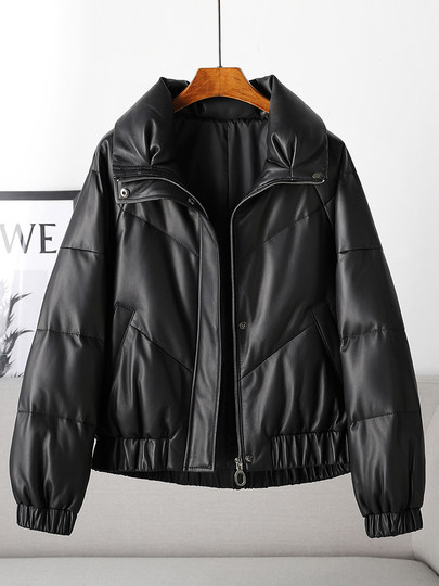 Haining goose down jacket women's leather jacket first layer sheepskin short 2025 winter new Korean style large size loose jacket