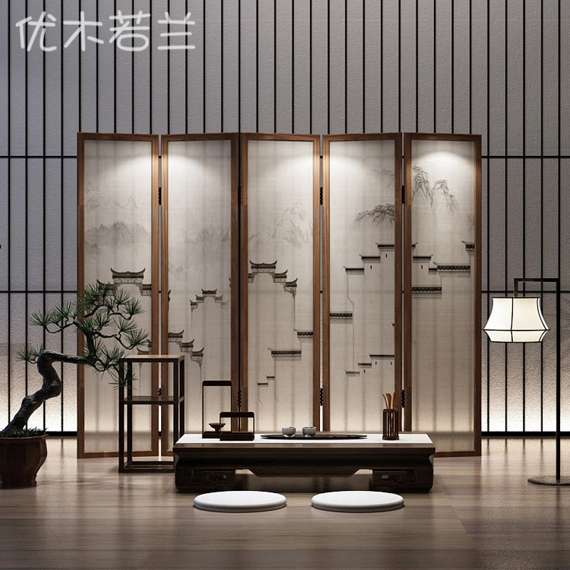 Chinese style solid wood semi-folding screen partition living room entrance study simple modern screen (Huizhou building)