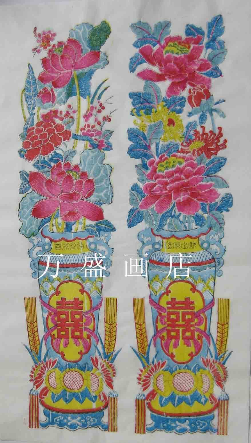 Weifang Yangjiabu Woodblock New Year painting * Qing Dynasty old version of the original printing innovation flowers bloom next to the window vase