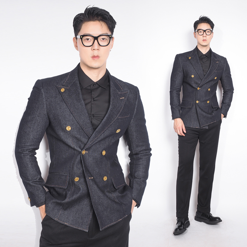 Kawasawa Men's European and American Style Denim Double-Breasted Suit with Gold Buttons, Vintage Slim Fit Light Business Blazer